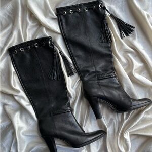Elegant Black Leather Knee-High Boots with Tassels & Grommets